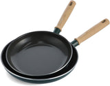 GreenPan Hudson Healthy Ceramic Nonstick, 9.5" and 11" Frying Pan Skillet Set, Vintage Wood Inspired Handle, PFAS-Free, Dishwasher Safe, Forest Green